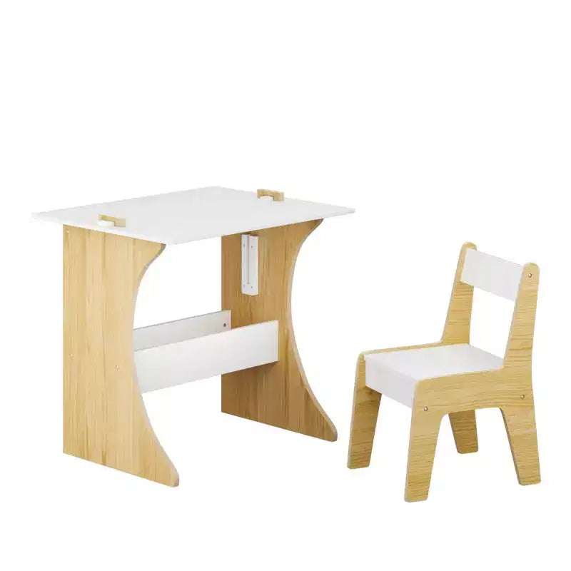 Whisen Kids Table Set with One Chair, Multifunctional Wooden Children Study Table-Convertible Tabletop - White