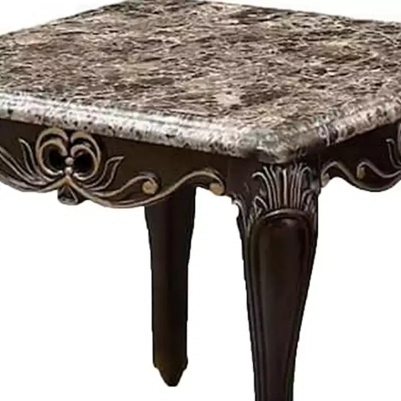 Royal Hampton End Table, Dark Walnut Brown Wood, Carved Details, 28 Inch