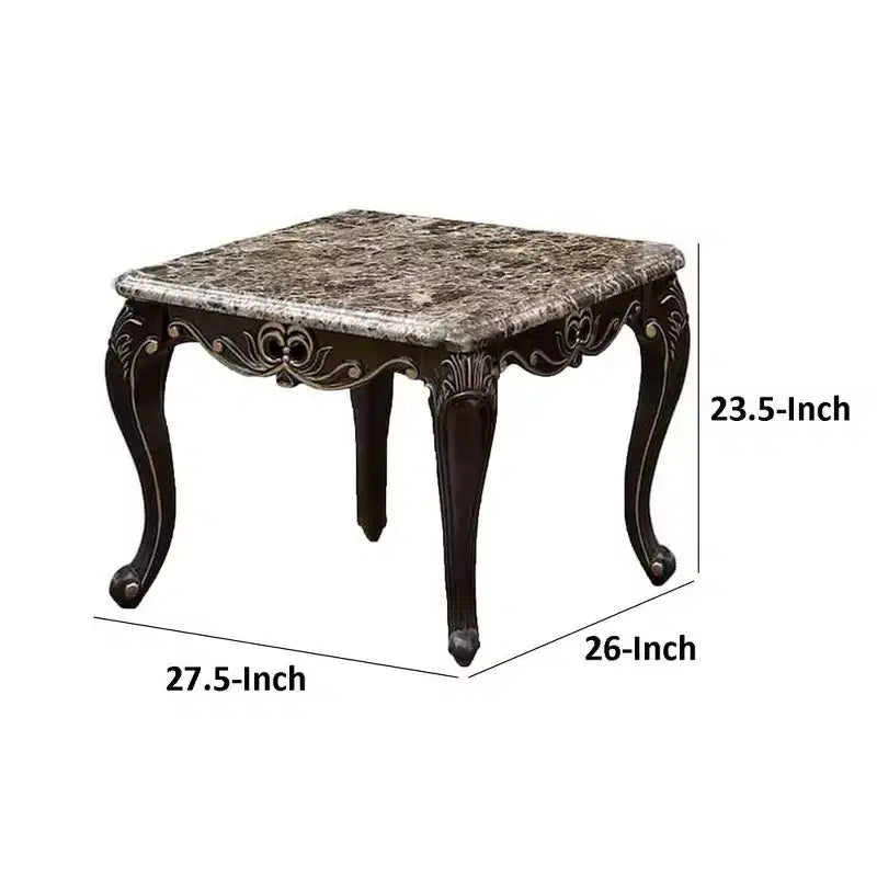 Royal Hampton End Table, Dark Walnut Brown Wood, Carved Details, 28 Inch