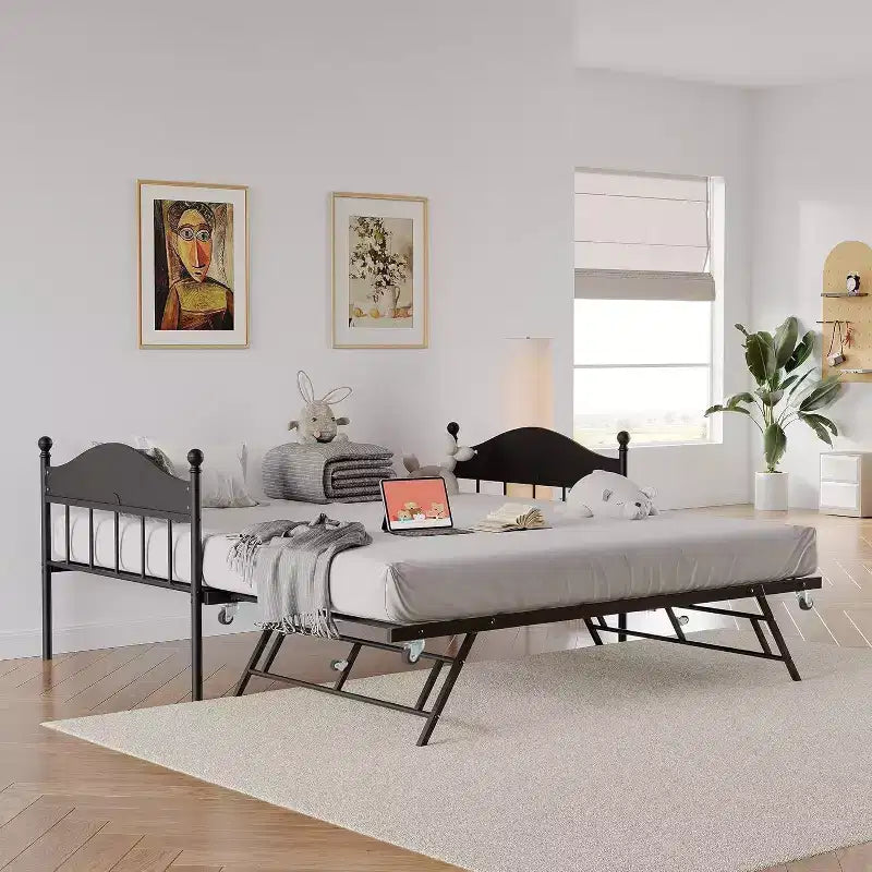 Acekool Daybed with Pop-Up Trundle, Metal Twin Bed Frame with Sofa-to-Bed Headboard, Reinforced Steel Slat Support, Rustic Brown