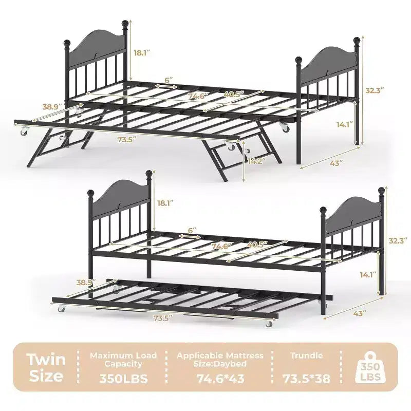 Acekool Daybed with Pop-Up Trundle, Metal Twin Bed Frame with Sofa-to-Bed Headboard, Reinforced Steel Slat Support, Rustic Brown