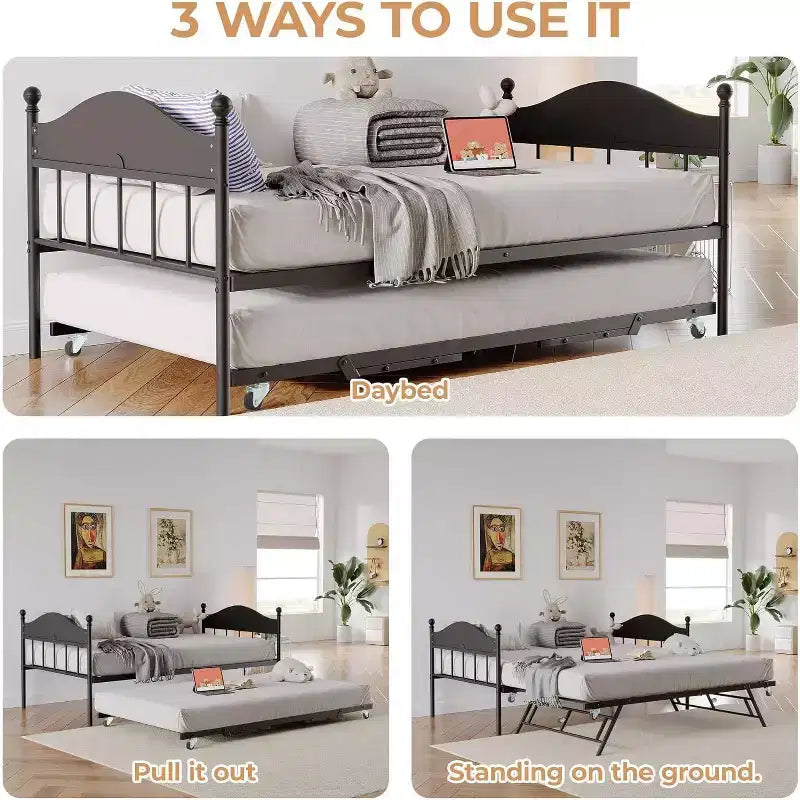 Acekool Daybed with Pop-Up Trundle, Metal Twin Bed Frame with Sofa-to-Bed Headboard, Reinforced Steel Slat Support, Rustic Brown