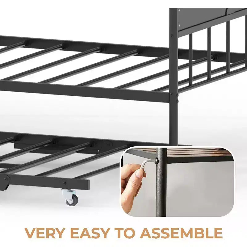 Acekool Daybed with Pop-Up Trundle, Metal Twin Bed Frame with Sofa-to-Bed Headboard, Reinforced Steel Slat Support, Rustic Brown