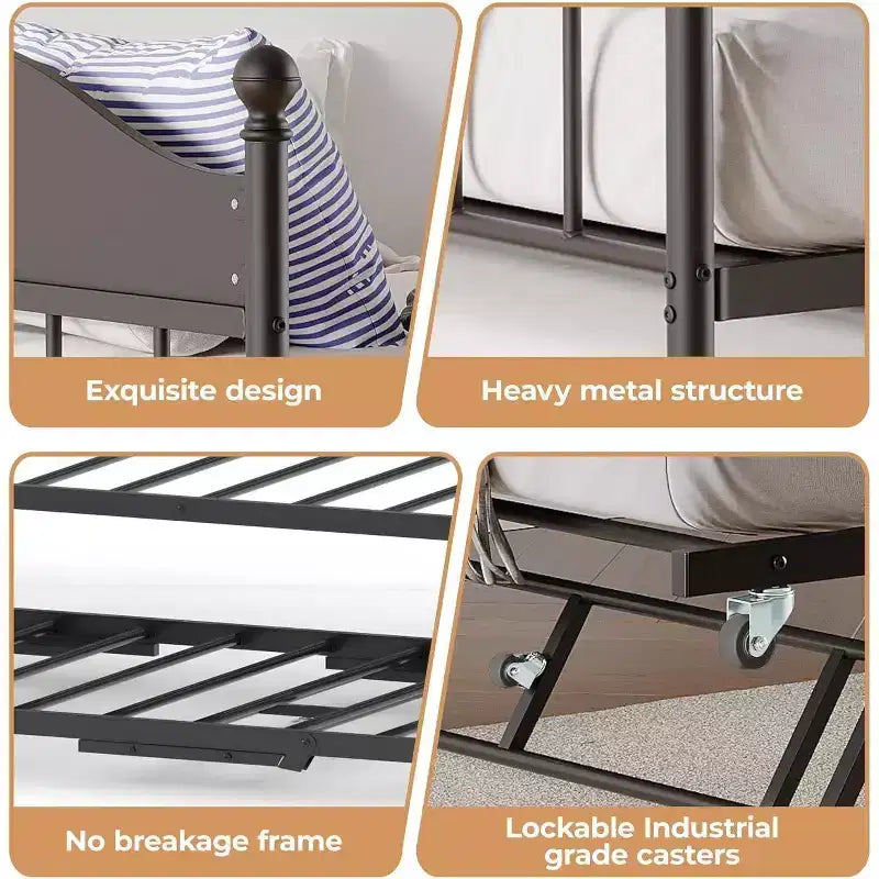 Acekool Daybed with Pop-Up Trundle, Metal Twin Bed Frame with Sofa-to-Bed Headboard, Reinforced Steel Slat Support, Rustic Brown