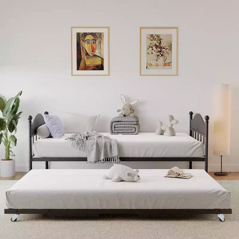 Acekool Daybed with Pop-Up Trundle, Metal Twin Bed Frame with Sofa-to-Bed Headboard, Reinforced Steel Slat Support, Rustic Brown