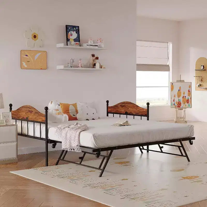Acekool Daybed with Pop-Up Trundle, Metal Twin Bed Frame with Sofa-to-Bed Headboard, Reinforced Steel Slat Support, Rustic Brown