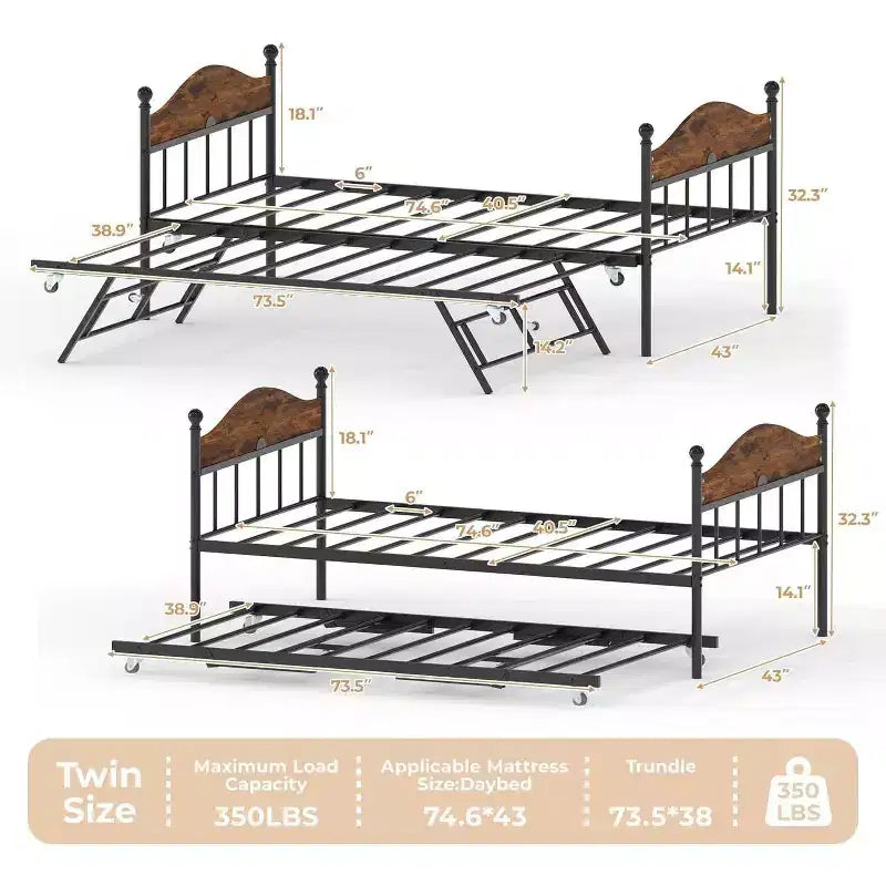 Acekool Daybed with Pop-Up Trundle, Metal Twin Bed Frame with Sofa-to-Bed Headboard, Reinforced Steel Slat Support, Rustic Brown