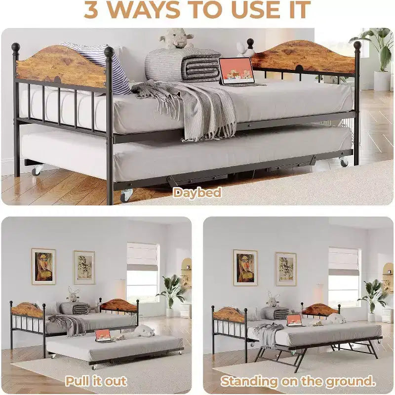 Acekool Daybed with Pop-Up Trundle, Metal Twin Bed Frame with Sofa-to-Bed Headboard, Reinforced Steel Slat Support, Rustic Brown