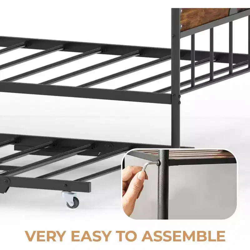 Acekool Daybed with Pop-Up Trundle, Metal Twin Bed Frame with Sofa-to-Bed Headboard, Reinforced Steel Slat Support, Rustic Brown