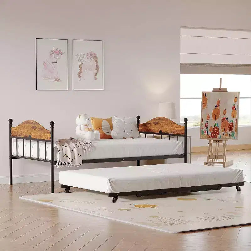 Acekool Daybed with Pop-Up Trundle, Metal Twin Bed Frame with Sofa-to-Bed Headboard, Reinforced Steel Slat Support, Rustic Brown
