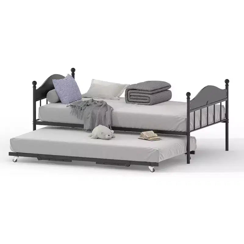 Acekool Daybed with Pop-Up Trundle, Metal Twin Bed Frame with Sofa-to-Bed Headboard, Reinforced Steel Slat Support, Rustic Brown