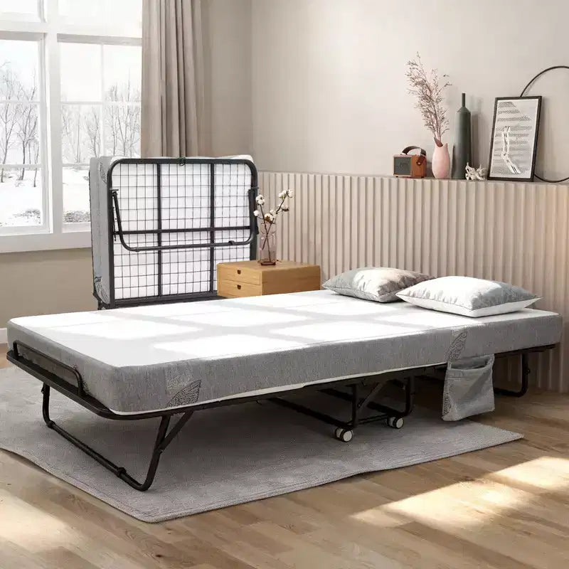 Coolmee Folding Bed with Mattress, Portable Foldable Bed on Wheels with Side Storage Pocket for Office, Bedroom, Space Saving, Easy Storage
