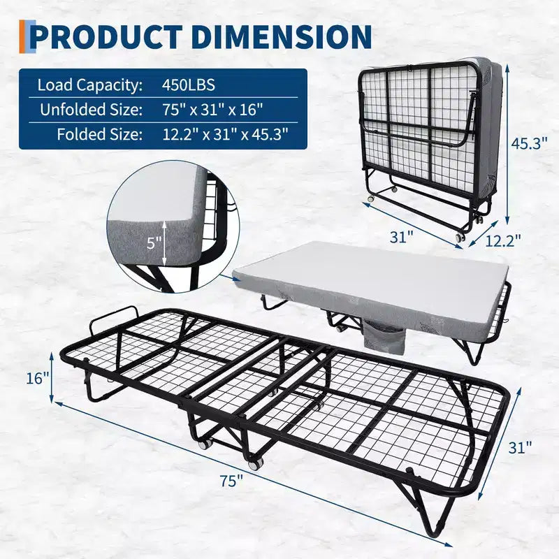 Coolmee Folding Bed with Mattress, Portable Foldable Bed on Wheels with Side Storage Pocket for Office, Bedroom, Space Saving, Easy Storage