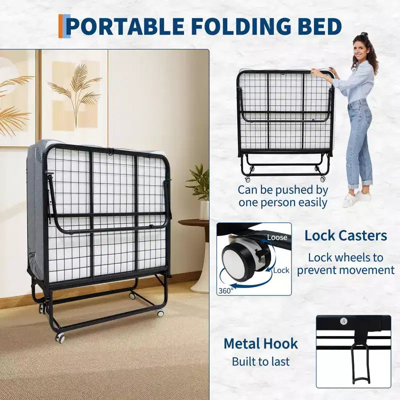 Coolmee Folding Bed with Mattress, Portable Foldable Bed on Wheels with Side Storage Pocket for Office, Bedroom, Space Saving, Easy Storage