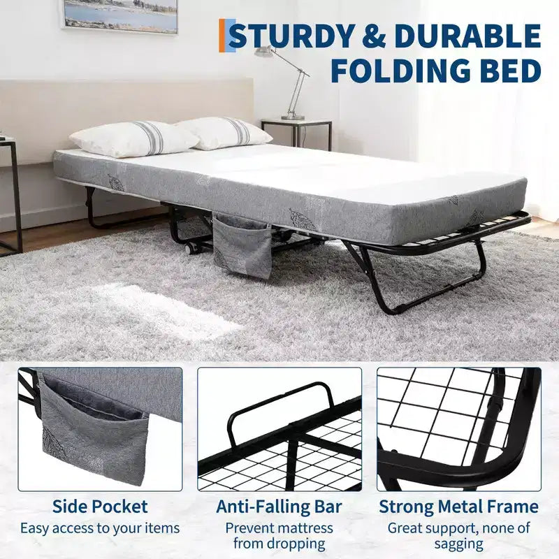 Coolmee Folding Bed with Mattress, Portable Foldable Bed on Wheels with Side Storage Pocket for Office, Bedroom, Space Saving, Easy Storage