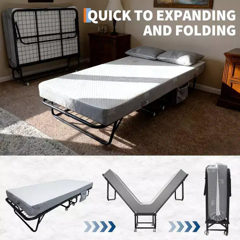 Coolmee Folding Bed with Mattress, Portable Foldable Bed on Wheels with Side Storage Pocket for Office, Bedroom, Space Saving, Easy Storage