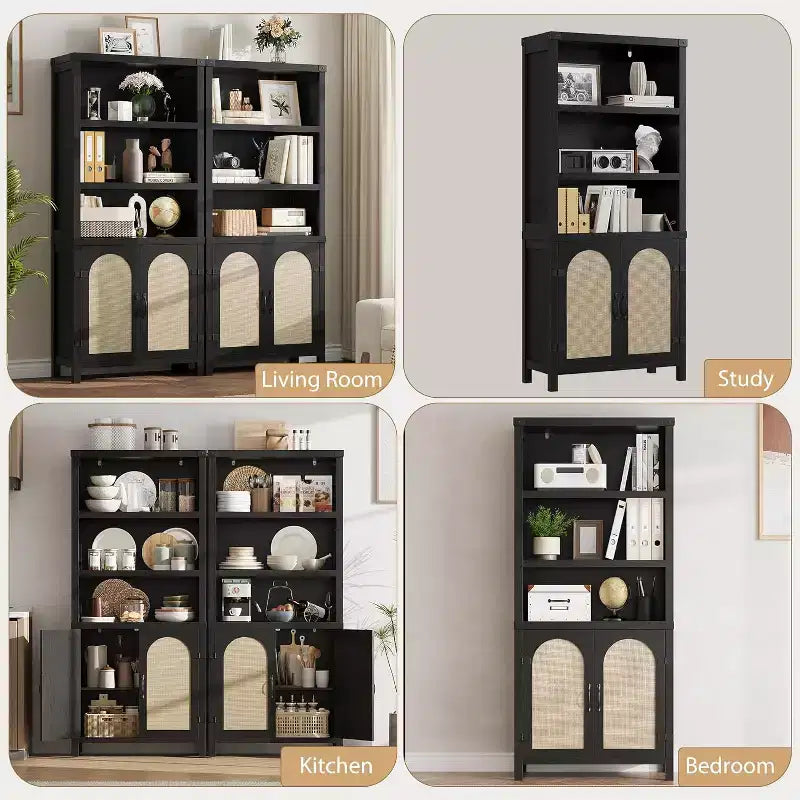 Bookshelf and Bookcase with Doors, 71 in Tall Bookshelf with Storage Cabinets for Home Office