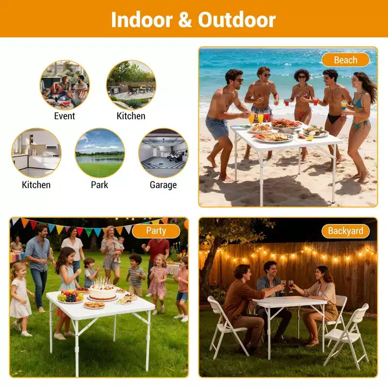 34 Square Folding Table, Multi-Functional Portable Foldable Card Table with Carrying Handle for Indoor Outdoor Camping Use Plastic Tabletop