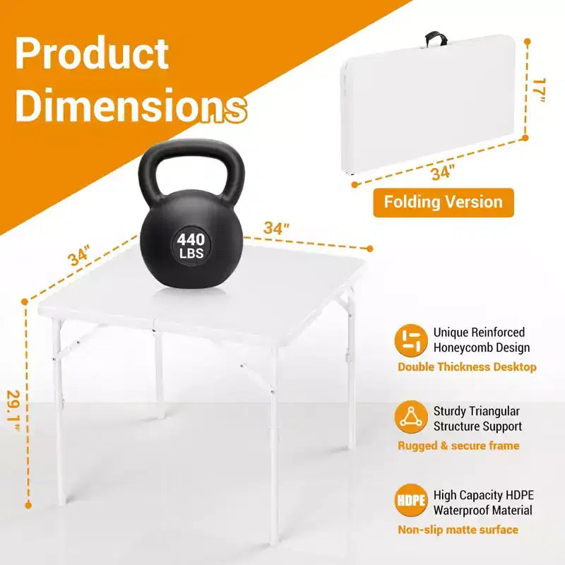 34 Square Folding Table, Multi-Functional Portable Foldable Card Table with Carrying Handle for Indoor Outdoor Camping Use Plastic Tabletop