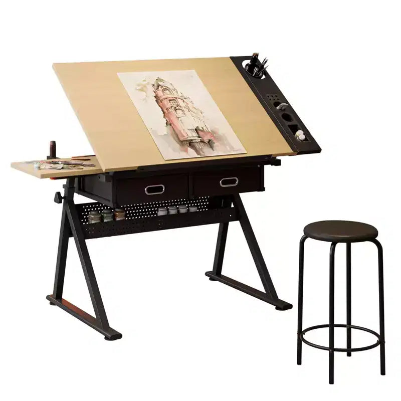 Height Adjustable Drafting Table, 0-75 Tilting Drawing Table Art Desk for Adults, Artist Desk with 2 Storage Drawers with Stool for Home Office