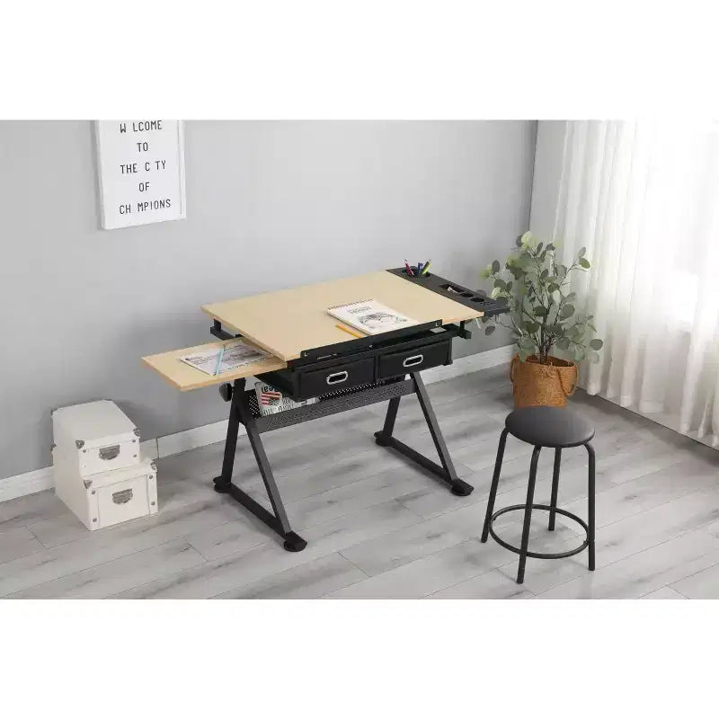 Height Adjustable Drafting Table, 0-75 Tilting Drawing Table Art Desk for Adults, Artist Desk with 2 Storage Drawers with Stool for Home Office