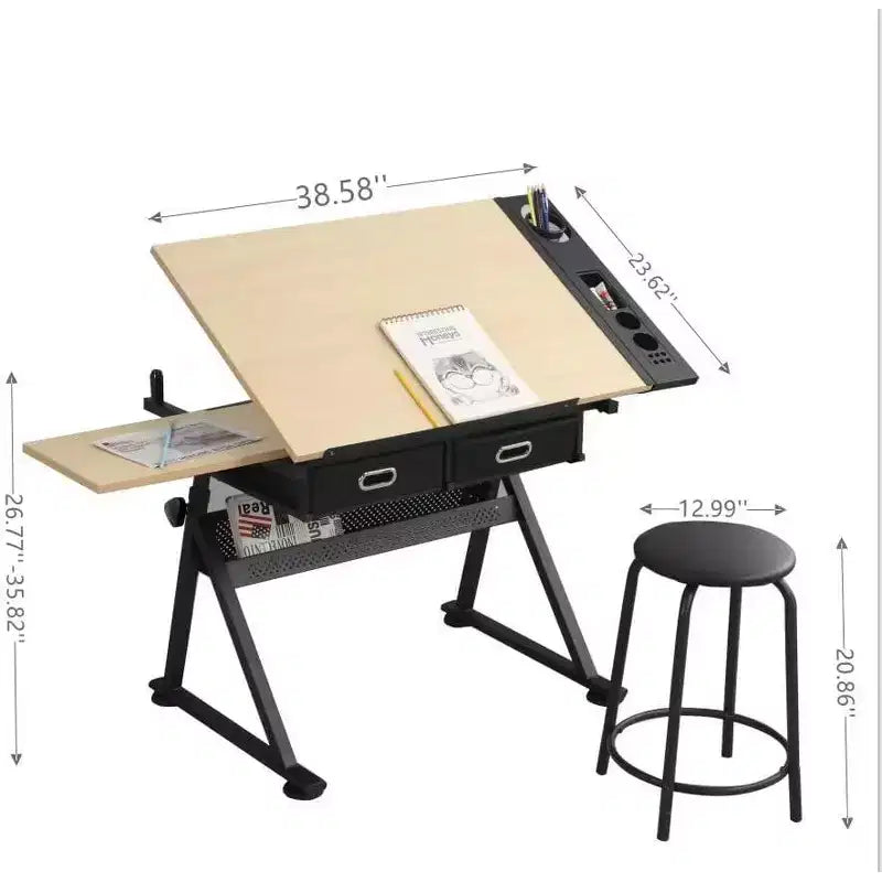 Height Adjustable Drafting Table, 0-75 Tilting Drawing Table Art Desk for Adults, Artist Desk with 2 Storage Drawers with Stool for Home Office