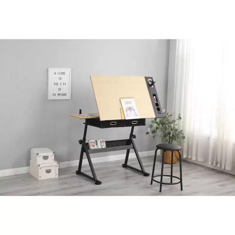 Height Adjustable Drafting Table, 0-75 Tilting Drawing Table Art Desk for Adults, Artist Desk with 2 Storage Drawers with Stool for Home Office