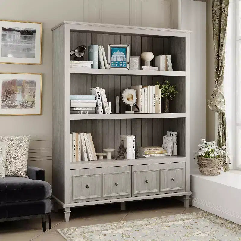 Famapy Light Gray Vintage Display Cabinet with Decorative Legs, Retro Bookcase with 3 Open Shelves + 4 Drawers, Home Office Storage Hub