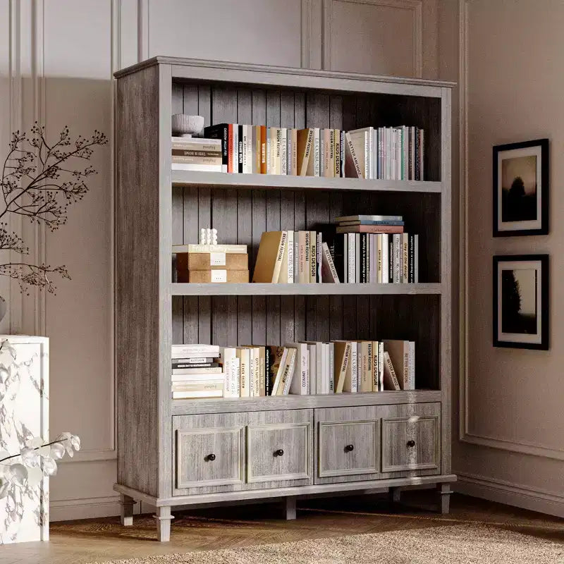 Famapy Light Gray Vintage Display Cabinet with Decorative Legs, Retro Bookcase with 3 Open Shelves + 4 Drawers, Home Office Storage Hub