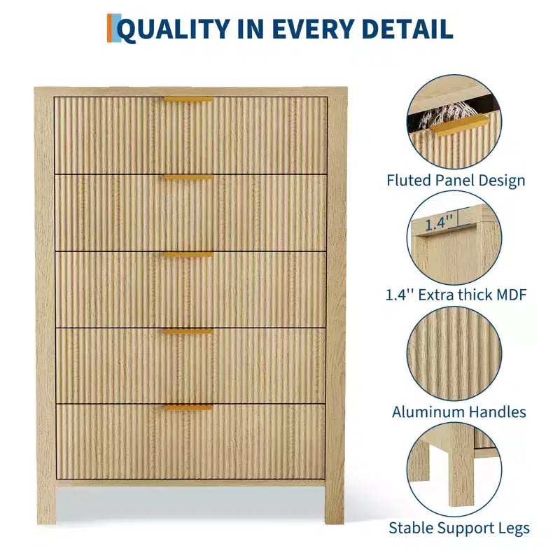 COZONY Fluted 5 Drawer Dresser, 45 Tall Slim Wooden Chest of Drawers for Small Spaces, Modern Farmhouse Dresser for Bedroom, Nursery, Apartment