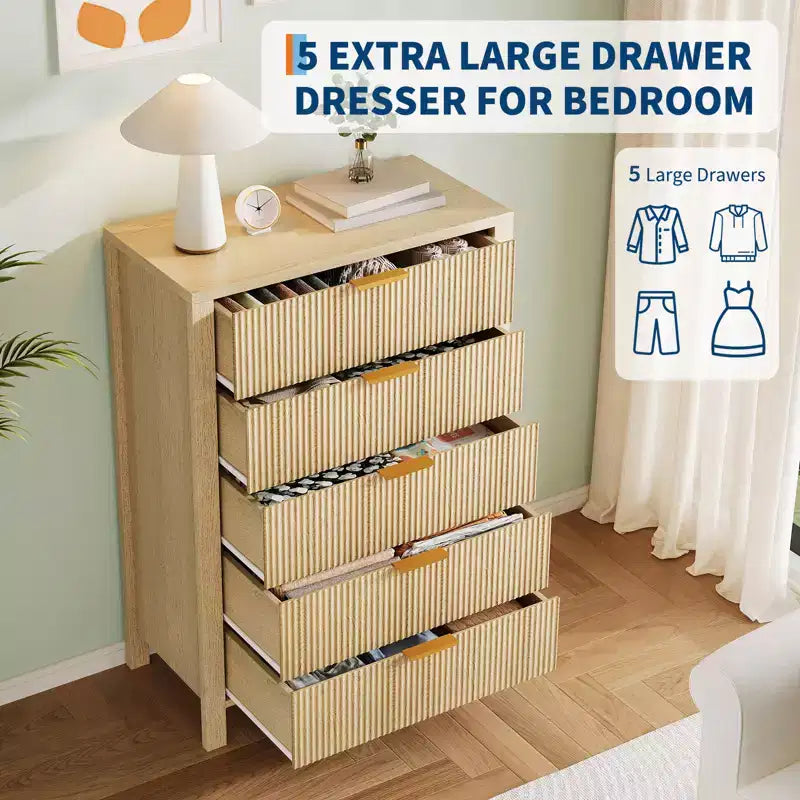 COZONY Fluted 5 Drawer Dresser, 45 Tall Slim Wooden Chest of Drawers for Small Spaces, Modern Farmhouse Dresser for Bedroom, Nursery, Apartment
