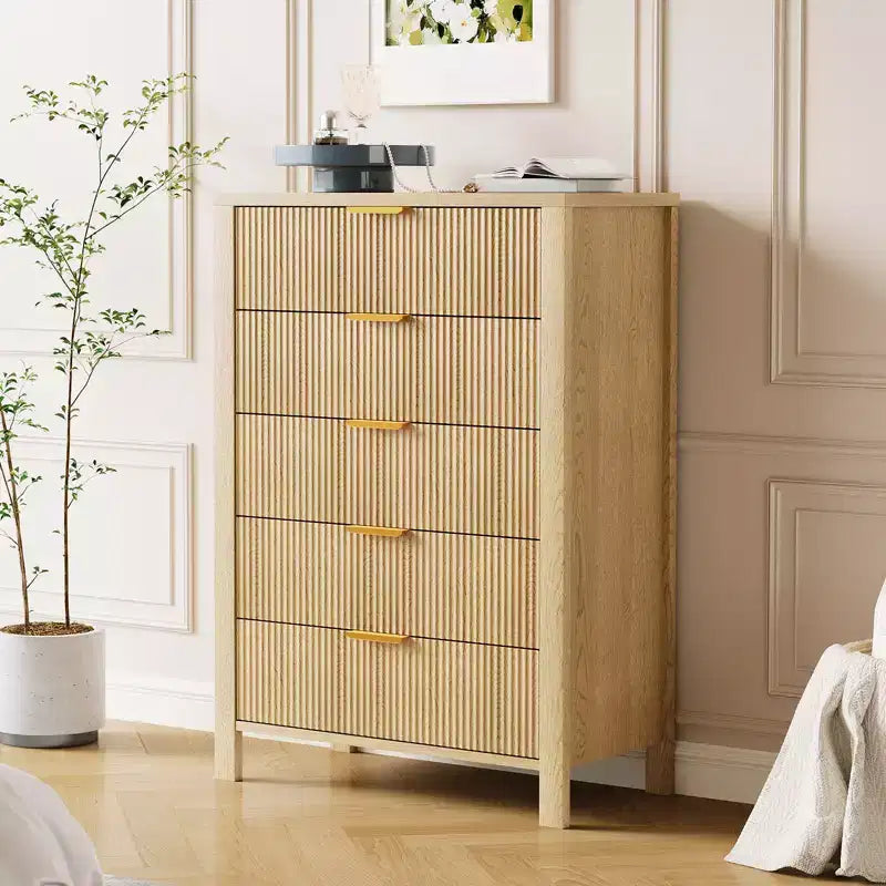 COZONY Fluted 5 Drawer Dresser, 45 Tall Slim Wooden Chest of Drawers for Small Spaces, Modern Farmhouse Dresser for Bedroom, Nursery, Apartment