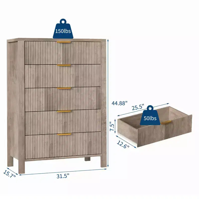 COZONY Fluted 5 Drawer Dresser, 45 Tall Slim Wooden Chest of Drawers for Small Spaces, Modern Farmhouse Dresser for Bedroom, Nursery, Apartment