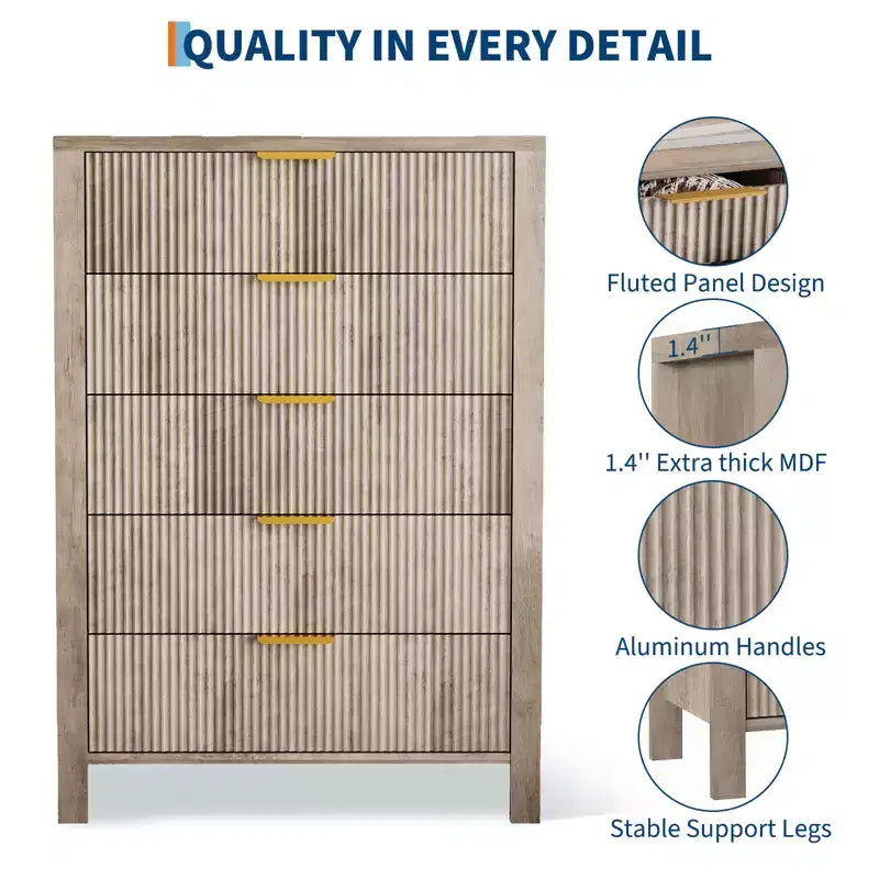 COZONY Fluted 5 Drawer Dresser, 45 Tall Slim Wooden Chest of Drawers for Small Spaces, Modern Farmhouse Dresser for Bedroom, Nursery, Apartment