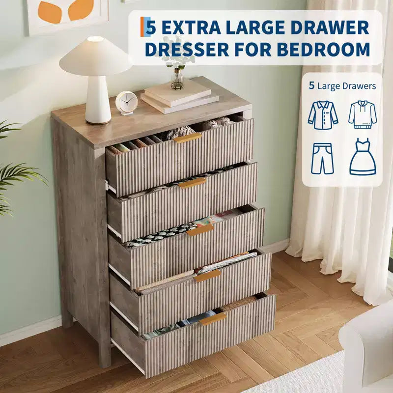 COZONY Fluted 5 Drawer Dresser, 45 Tall Slim Wooden Chest of Drawers for Small Spaces, Modern Farmhouse Dresser for Bedroom, Nursery, Apartment