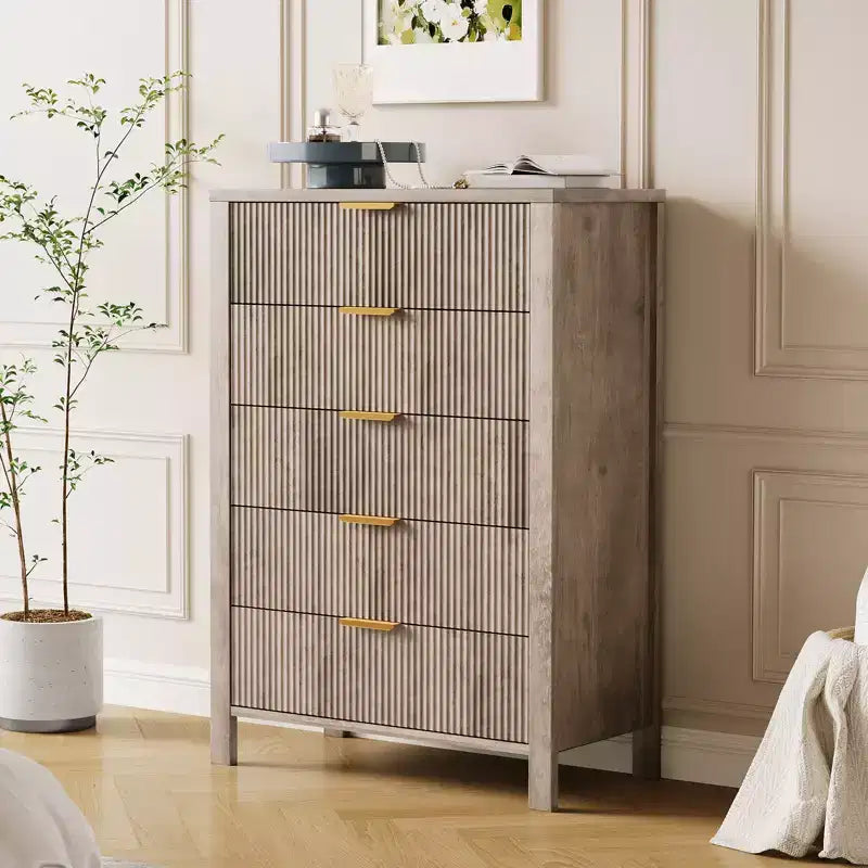 COZONY Fluted 5 Drawer Dresser, 45 Tall Slim Wooden Chest of Drawers for Small Spaces, Modern Farmhouse Dresser for Bedroom, Nursery, Apartment