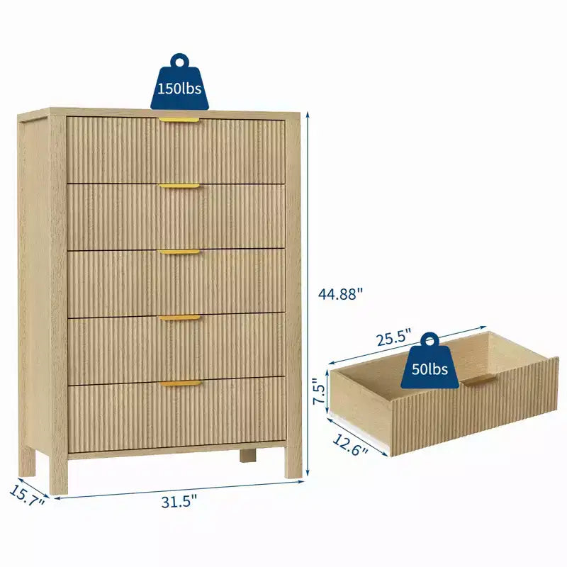COZONY Fluted 5 Drawer Dresser, 45 Tall Slim Wooden Chest of Drawers for Small Spaces, Modern Farmhouse Dresser for Bedroom, Nursery, Apartment