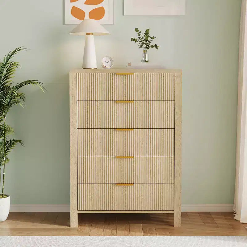 COZONY Fluted 5 Drawer Dresser, 45" Tall Slim Wooden Chest of Drawers for Small Spaces, Modern Farmhouse Dresser for Bedroom, Nursery, Apartment