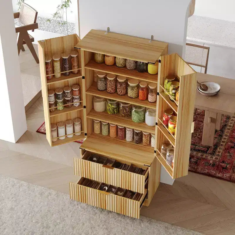 Famapy Wood - Tone Magnetic Door Kitchen Pantry Cabinet  Adjustable Shelves & Drawer Storage
