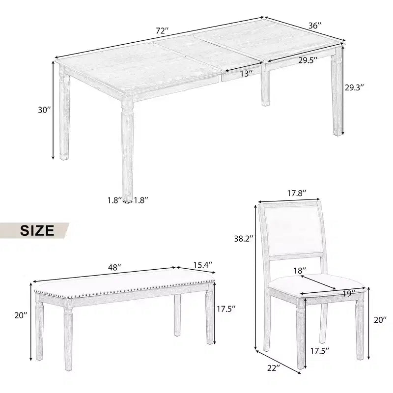 Whisen Vintage Dining Table Set & Rustic Kitchen Table Set for 6 with 4 Chairs & Bench and Retro Carved Legs