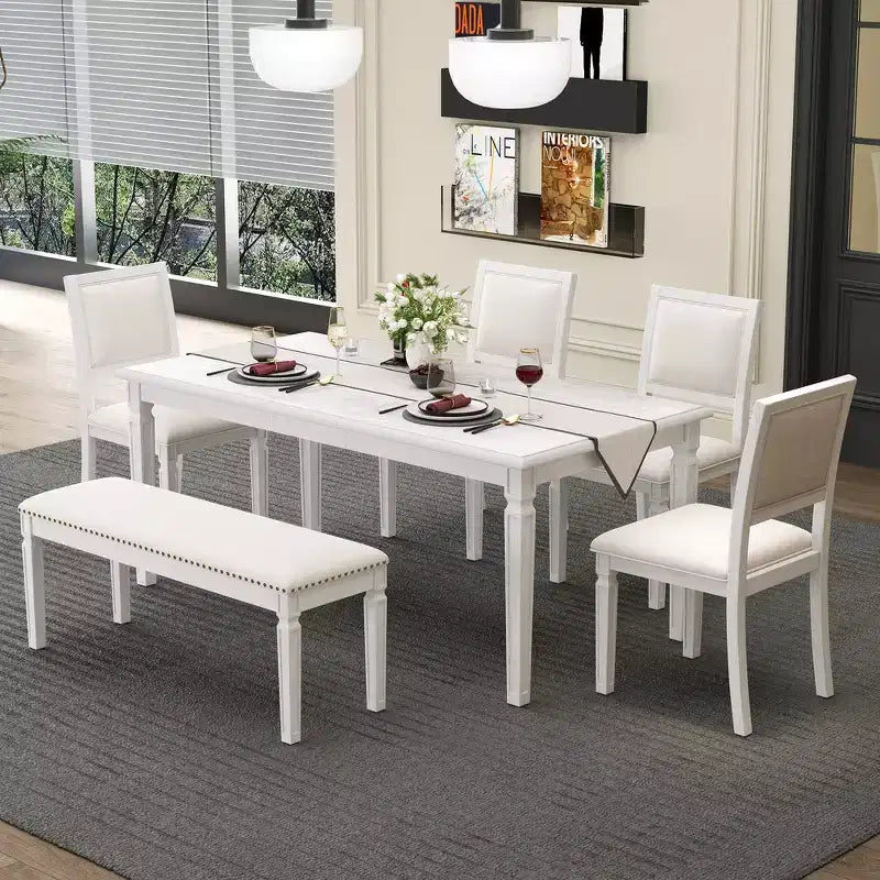 Whisen Vintage Dining Table Set & Rustic Kitchen Table Set for 6 with 4 Chairs & Bench and Retro Carved Legs