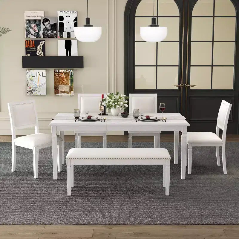 Whisen Vintage Dining Table Set & Rustic Kitchen Table Set for 6 with 4 Chairs & Bench and Retro Carved Legs