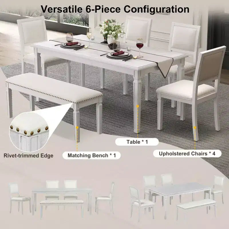 Whisen Vintage Dining Table Set & Rustic Kitchen Table Set for 6 with 4 Chairs & Bench and Retro Carved Legs
