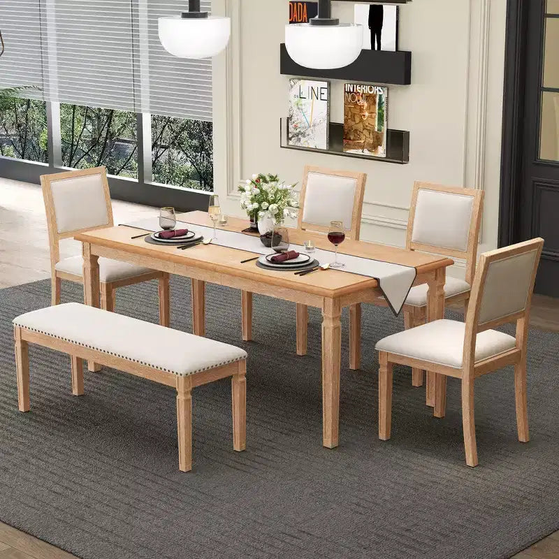 Whisen Vintage Dining Table Set & Rustic Kitchen Table Set for 6 with 4 Chairs & Bench and Retro Carved Legs