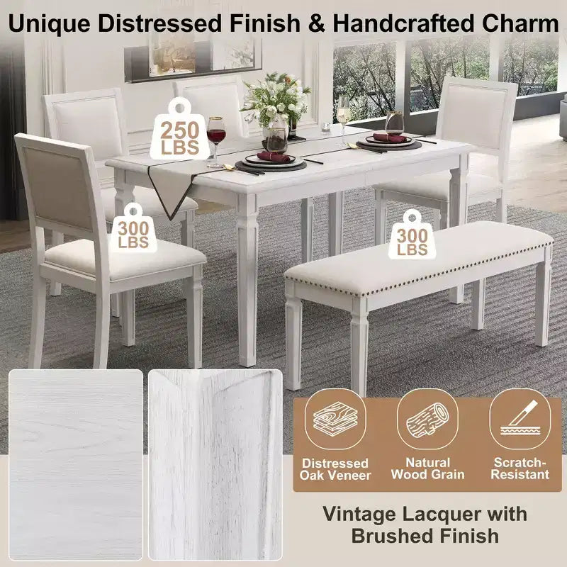 Whisen Vintage Dining Table Set & Rustic Kitchen Table Set for 6 with 4 Chairs & Bench and Retro Carved Legs