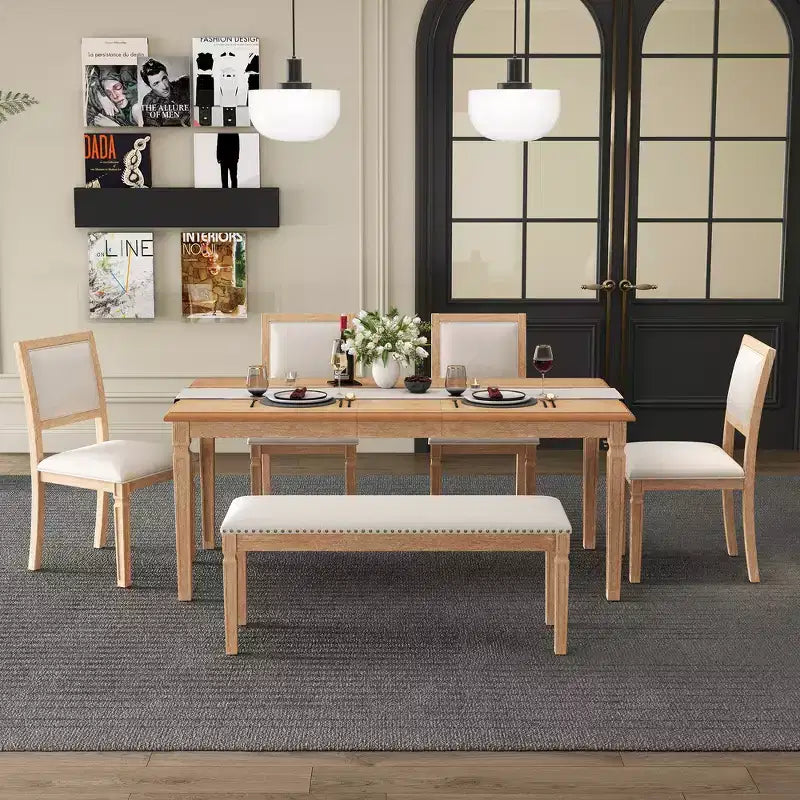 Whisen Vintage Dining Table Set & Rustic Kitchen Table Set for 6 with 4 Chairs & Bench and Retro Carved Legs