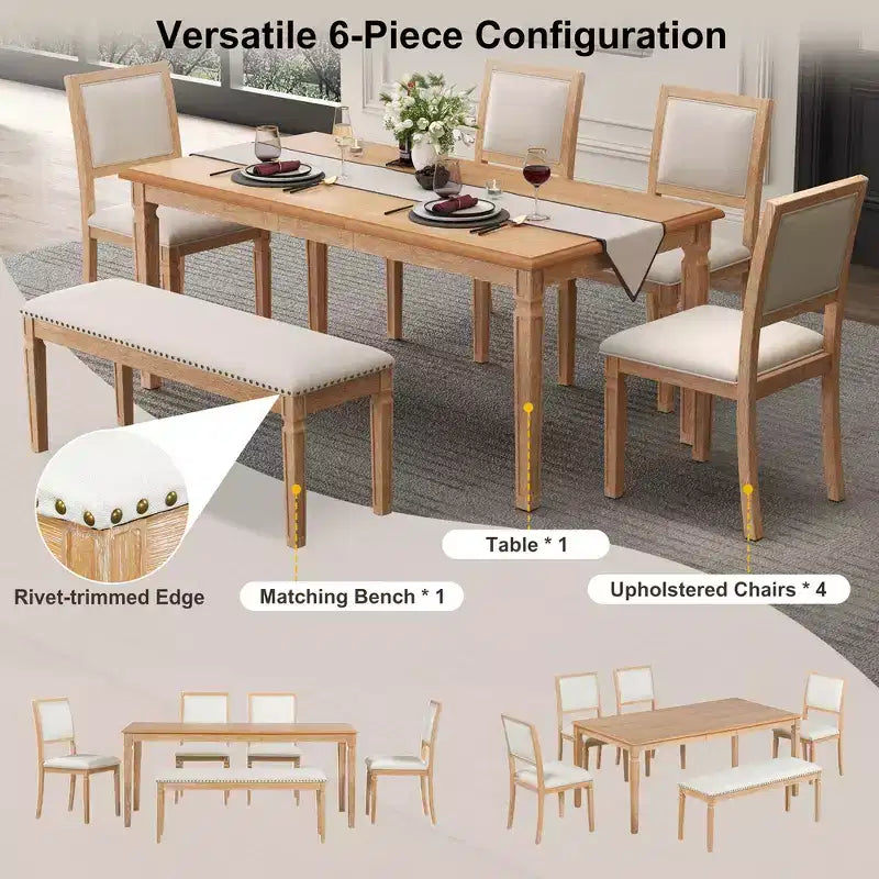 Whisen Vintage Dining Table Set & Rustic Kitchen Table Set for 6 with 4 Chairs & Bench and Retro Carved Legs