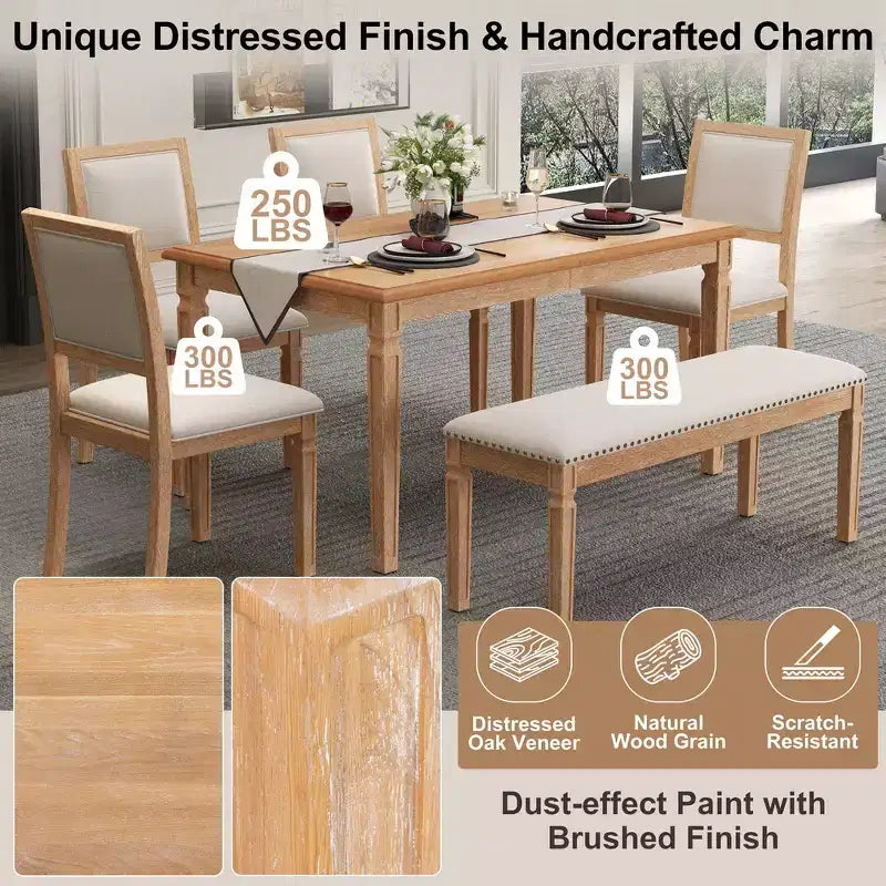 Whisen Vintage Dining Table Set & Rustic Kitchen Table Set for 6 with 4 Chairs & Bench and Retro Carved Legs