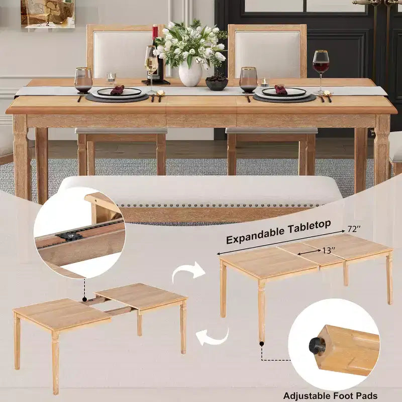Whisen Vintage Dining Table Set & Rustic Kitchen Table Set for 6 with 4 Chairs & Bench and Retro Carved Legs