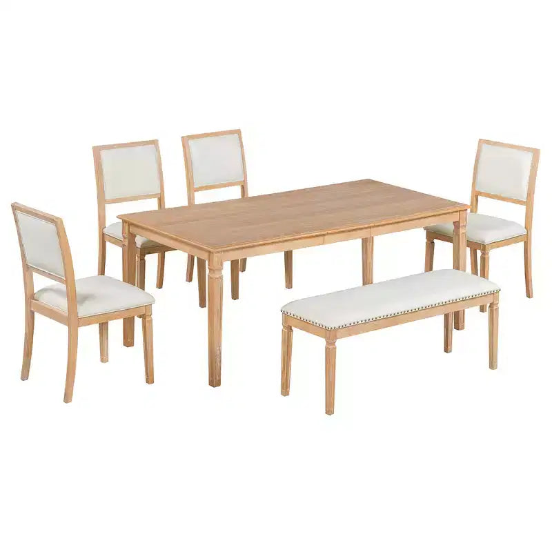 Whisen Vintage Dining Table Set & Rustic Kitchen Table Set for 6 with 4 Chairs & Bench and Retro Carved Legs